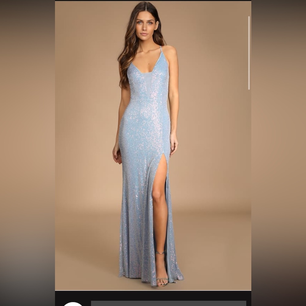 Lulus Chic & Glam light blue lace-up sequin mermaid maxi dress